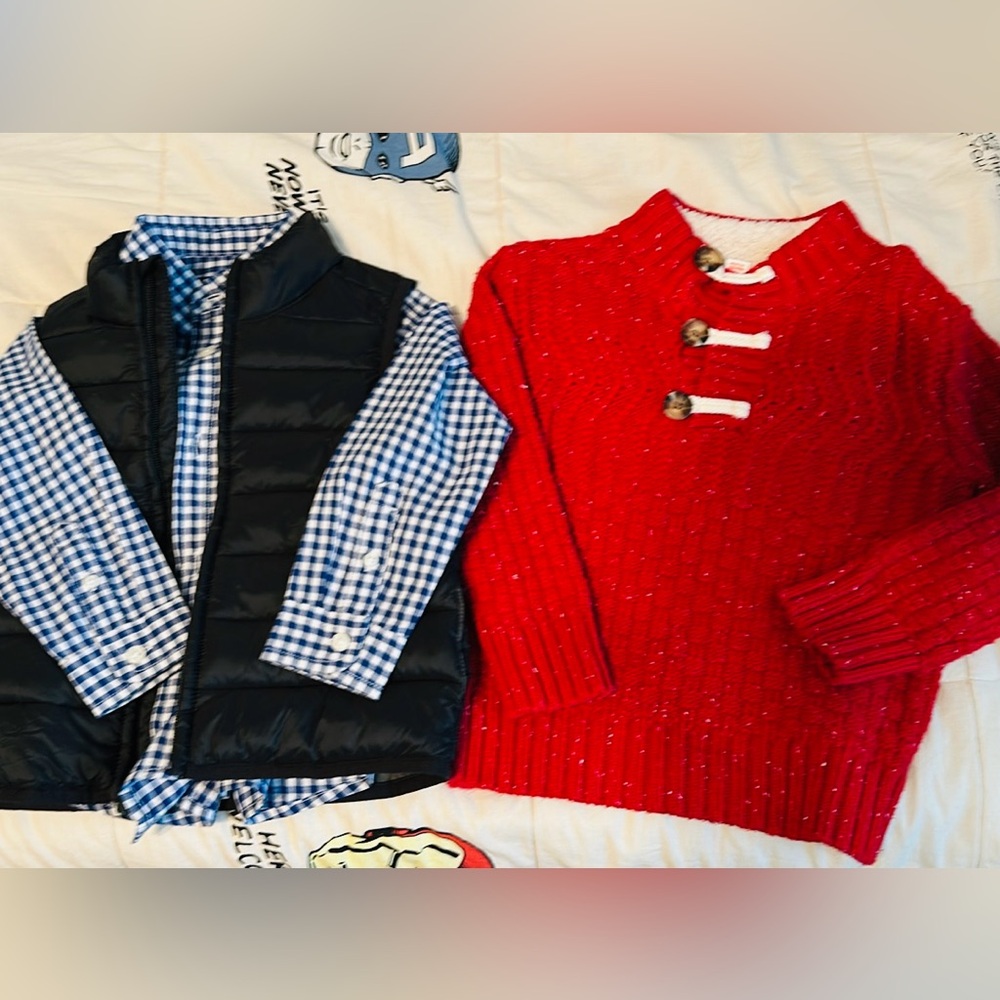 Boys 3T Lot - Red heavier sweater, puffer vest, & NWT button down